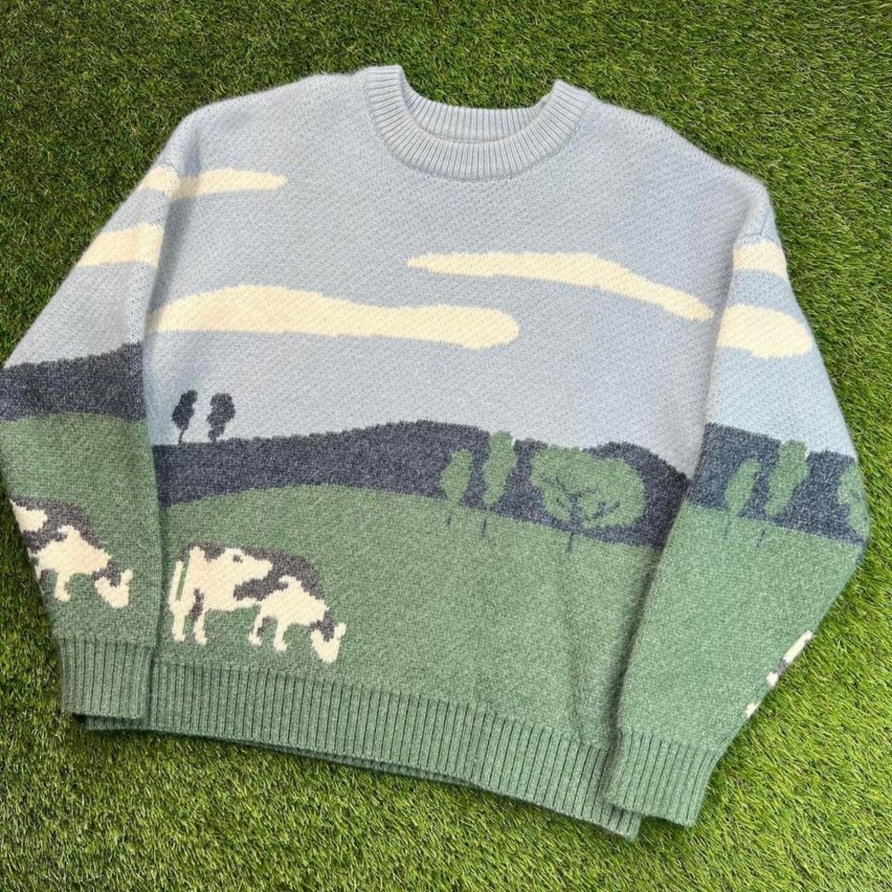 VAMTAC Cow Landscape Knit Sweater Pastel Cottagecore Oversized Medium